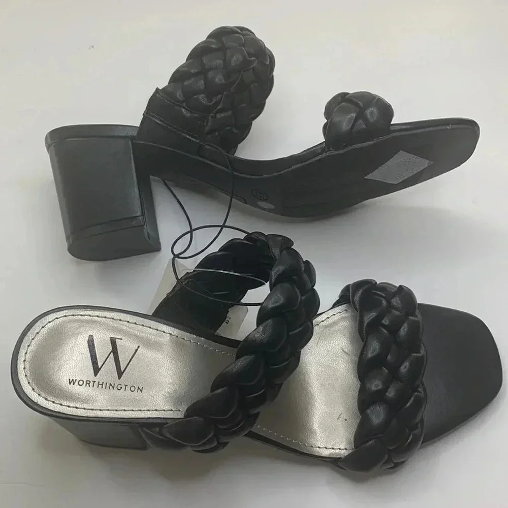 Worthington Braided Strap Mules Sandals Black Chunky Heel Women’s Sz 6.5 NWT